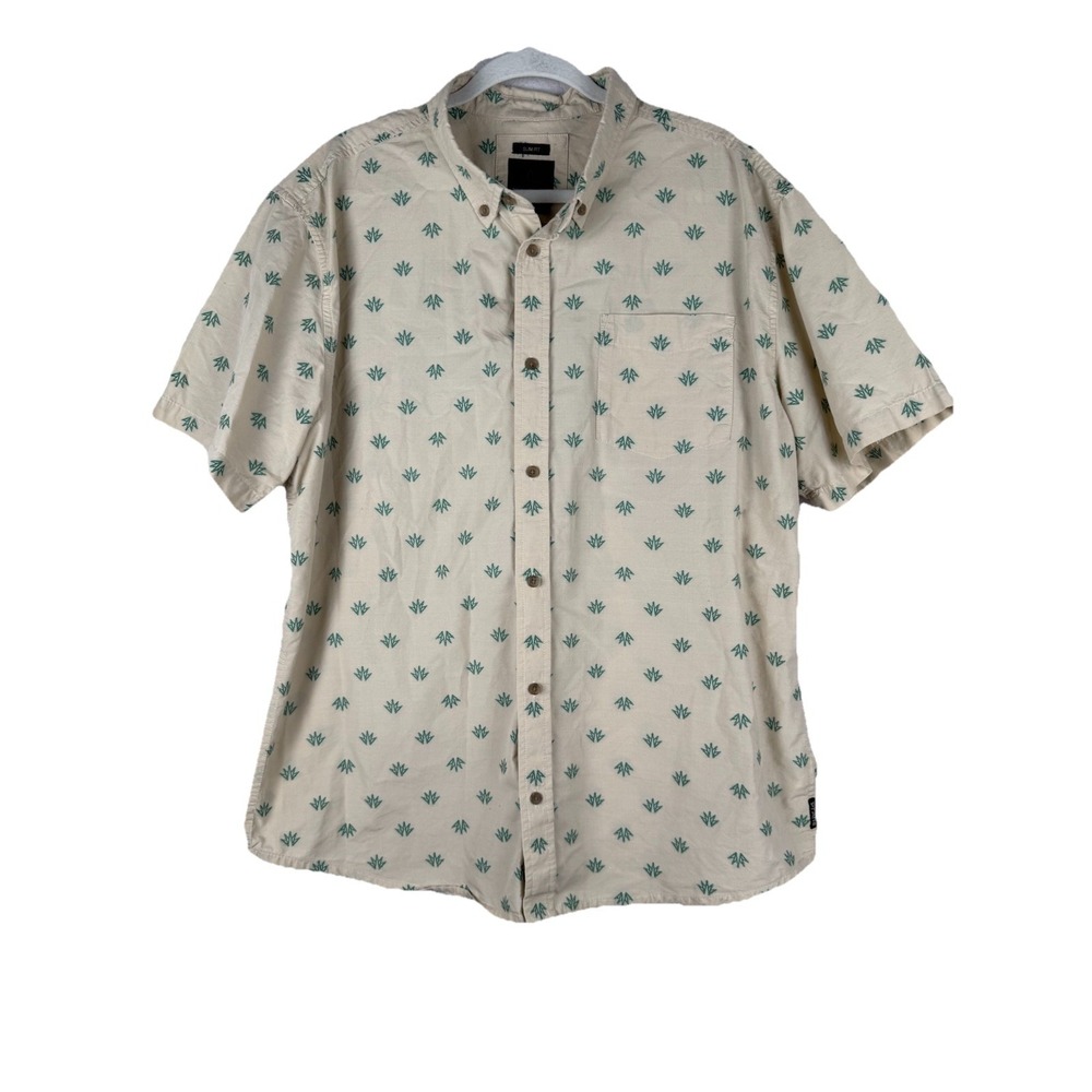 Prana XL Slim Fit Mens Broderick Short Sleeve Button Down Shirt Tan Embroidered